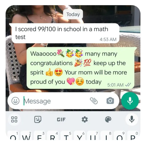WhatsApp message: I scored 99/100 in school in a math test. The mentor replies with congratulations.