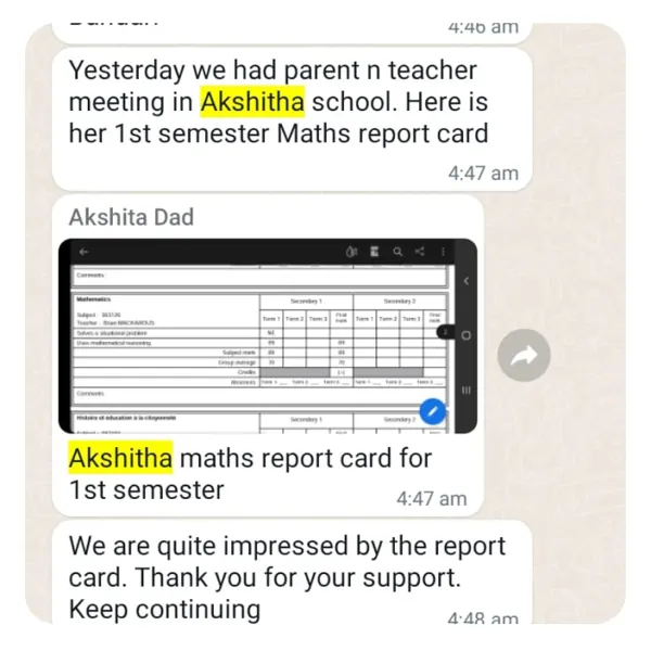 WhatsApp message from Akshitha's dad sharing her first-semester maths report card: We are quite impressed by the report card. Thank you for your support.